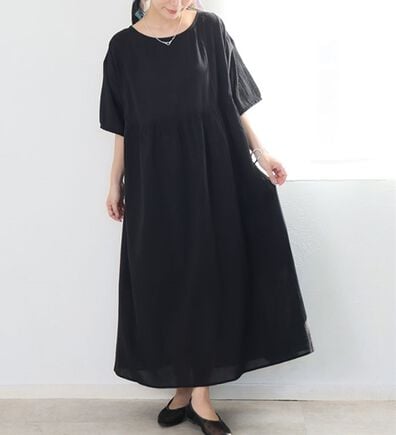 A HAPPY MARILYN（アハッピーマリリン）の「【Ｌ～６Ｌ】【風通るプレミアム】綿・楊柳、五分袖ウエスト切替ワンピース。（ロングワンピース）」