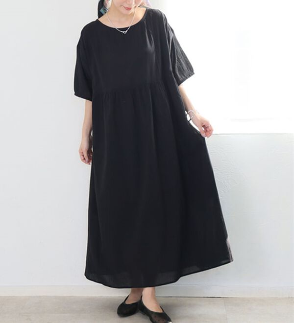 A HAPPY MARILYN（アハッピーマリリン）の「【Ｌ～６Ｌ】【風通るプレミアム】綿・楊柳、五分袖ウエスト切替ワンピース。（ロングワンピース）」｜ブラック