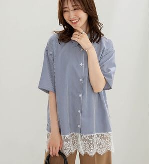 BELLUNA（ベルーナ）の「裾レースデザインシャツチュニック（チュニック）」｜ネイビーストライプ