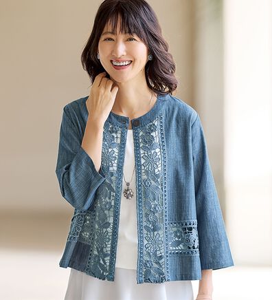 BELLUNA（ベルーナ）の「＜上品な大人カジュアル！＞綿１００％デニムレース切替ジャケット（その他ジャケット）」