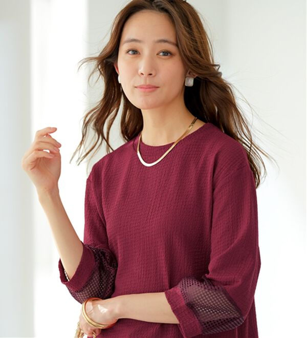 BELLUNA（ベルーナ）の「ジャカード素材袖メッシュレースプルオーバー（カットソー）」｜詳細画像