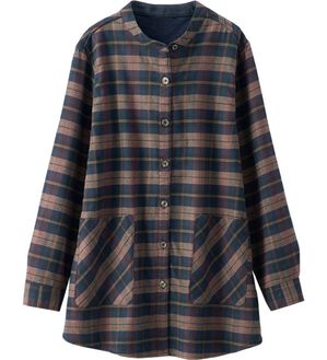 BELLUNA（ベルーナ）の「裏フリース素材バンドカラーチュニック（チュニック）」｜ネイビー／モカ