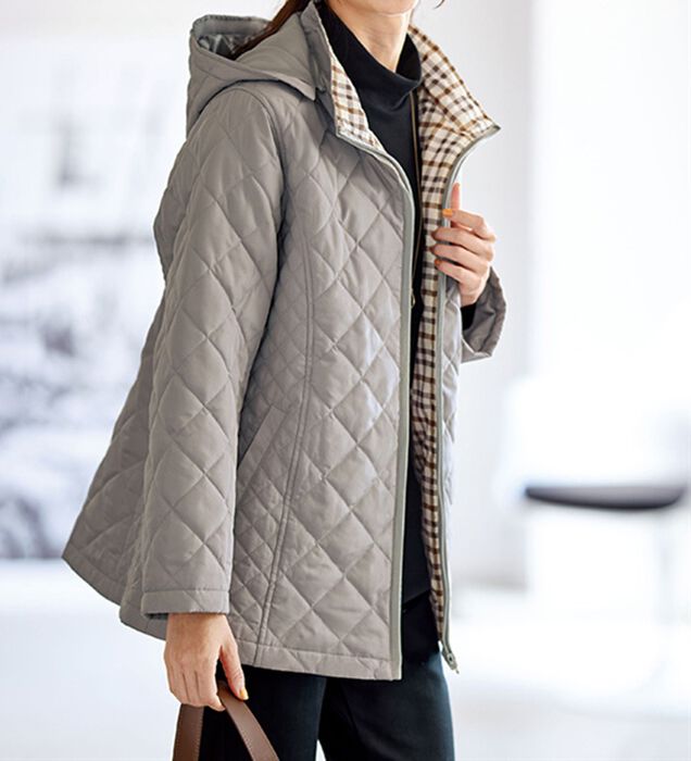 ◆新品４Ｌ◆*冬暖か*大人可愛い*裏キルト使い*ダブルボタン*起毛コート*フード付き*チャコールグレー*大きいサイズ*レディース 裏チェック薄中わたキルティングコート - ベルーナ公式