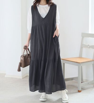 A HAPPY MARILYN（アハッピーマリリン）の「【Ｌ～６Ｌ】【風通るプレミアム】ウエストギャザーＶネックノースリーブワンピース（ロングワンピース）」