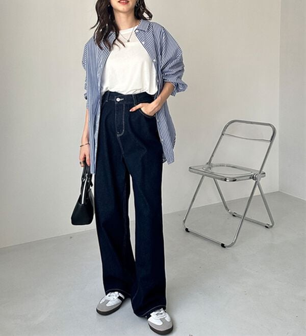 美脚見え！2ボタンウエストワイドデニムパンツ - ベルーナ【公式】