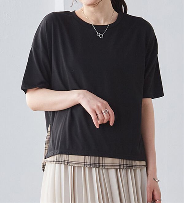 RANAN（ラナン）の「チェック柄異素材使いTシャツ（カットソー）」｜詳細画像