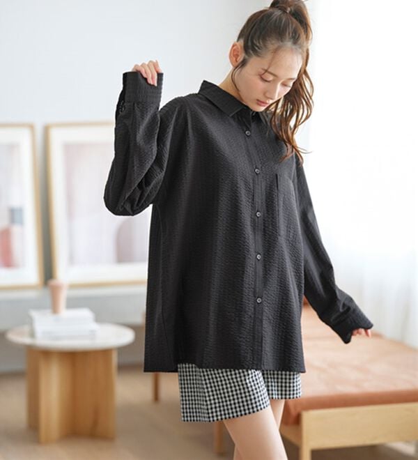 YU'NOW（ユナウ）の「【長袖＋ショートパンツ】綿１００％サッカーシャツパジャマ（パジャマ・ルームウェア）」｜詳細画像