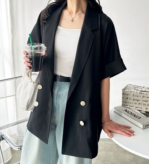 GeeRA（ジーラ）の「リネン調半袖ダブルジャケット（テーラードジャケット）」｜詳細画像