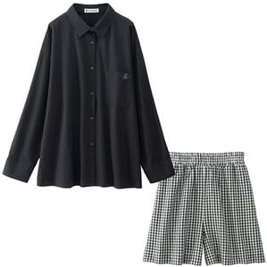 YU'NOW（ユナウ）の「【長袖＋ショートパンツ】綿１００％サッカーシャツパジャマ（パジャマ・ルームウェア）」｜ブラック