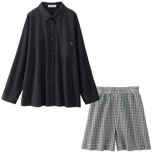 YU'NOW（ユナウ）の「【長袖＋ショートパンツ】綿１００％サッカーシャツパジャマ（パジャマ・ルームウェア）」｜ブラック