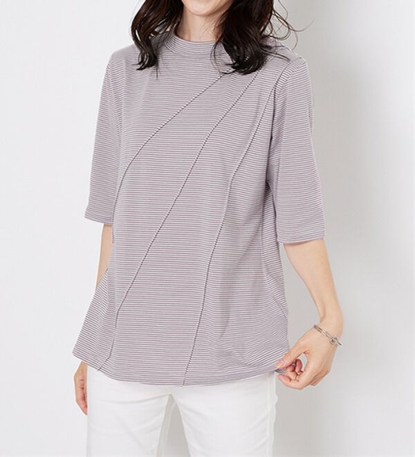 BELLUNA（ベルーナ）の「細ボーダータックデザインチュニック（チュニック）」｜パープル系