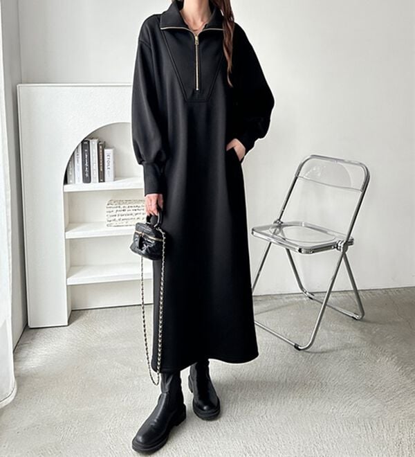 GeeRA（ジーラ）の「ハーフジップハイネック裏起毛ワンピース（カットソーワンピース）」｜詳細画像