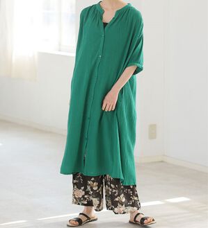 A HAPPY MARILYN（アハッピーマリリン）の「【Ｌ～６Ｌ】【風通るプレミアム】綿１００％ 楊柳 五分袖 ギャザーたっぷりワンピース（カットソーワンピース）」｜グリーン