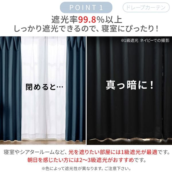 iellio（イエリオ）の「【カーテン迷ったらこれ】１・２級遮光＆断熱保温＆ＵＶ見えにくいレース付カーテンセット＜４枚組・遮光カーテン・洗える・無地＞（ドレープカーテン）」｜詳細画像