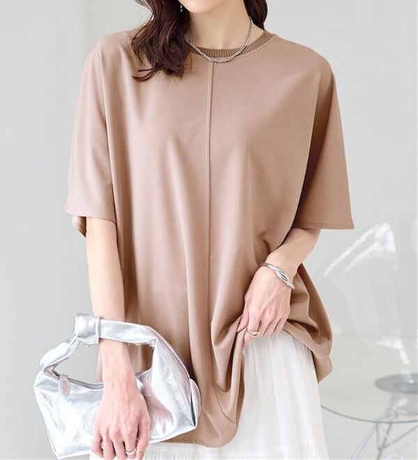 BELLUNA（ベルーナ）の「【接触冷感】Ｔシャツ感覚なのにきちんとブラウス見え！半袖プルオーバー（カットソー）」｜ピンクベージュ