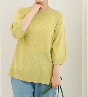 BELLUNA（ベルーナ）の「格子柄ニットプルオーバー（ニット・セーター）」｜イエロー
