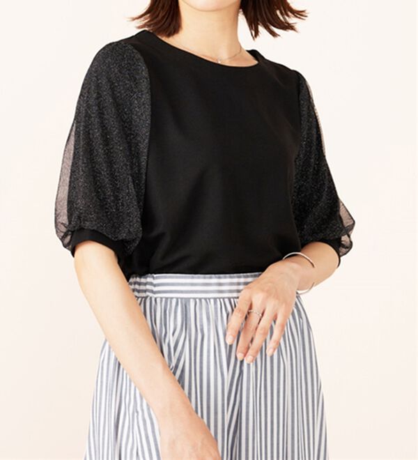 BELLUNA（ベルーナ）の「ラメチュール袖切替デザインプルオーバー（カットソー）」｜詳細画像