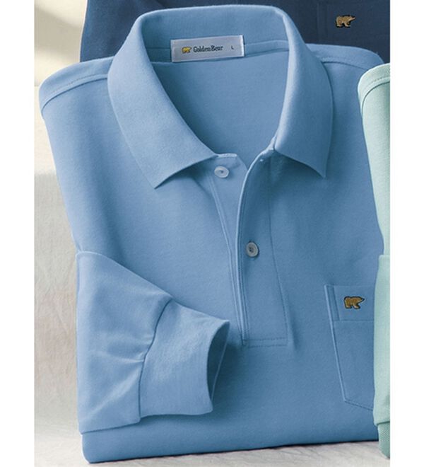 「＜ゴールデンベア＞上質国産ポロシャツ（長袖）（メンズポロシャツ）」｜スカイブルー