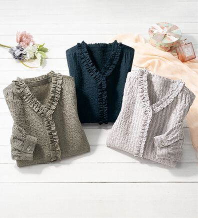 ルフラン（ルフラン）の「【３色組】タックフリルの大人ブラウス（ブラウス）」