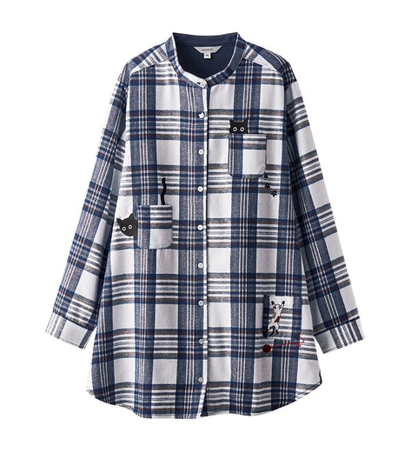 BELLUNA（ベルーナ）の「【あったか】裏フリース素材ネコ刺しゅうシャツチュニック（チュニック）」｜詳細画像