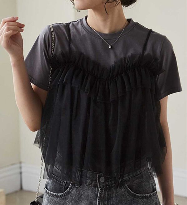 RANAN（ラナン）の「チュールビスチェドッキングTシャツ（Tシャツ）」｜詳細画像