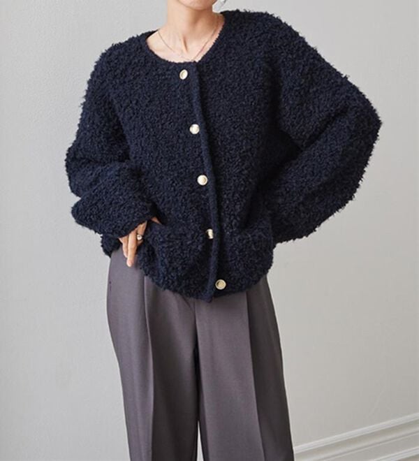 RANAN（ラナン）の「ゴールド調ボタンループ編みニットジャケット（ニットカーディガン）」｜詳細画像