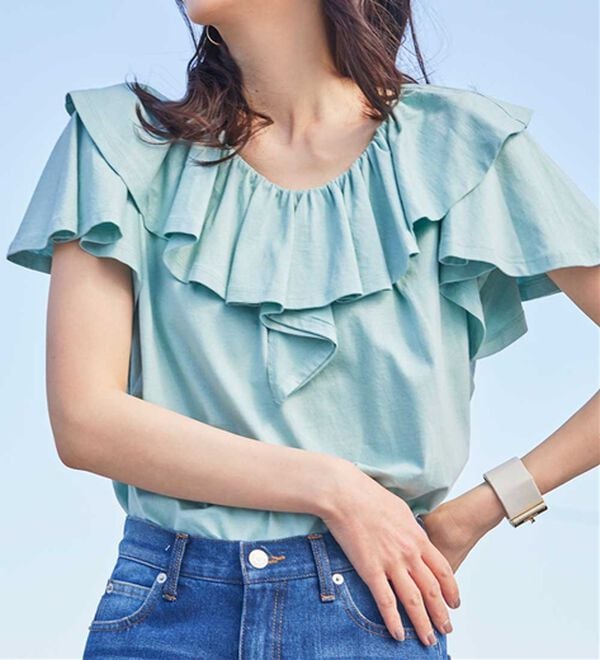 RANAN（ラナン）の「ひんやり！綿１００％フリル衿カットソープルオーバー（カットソー）」｜詳細画像