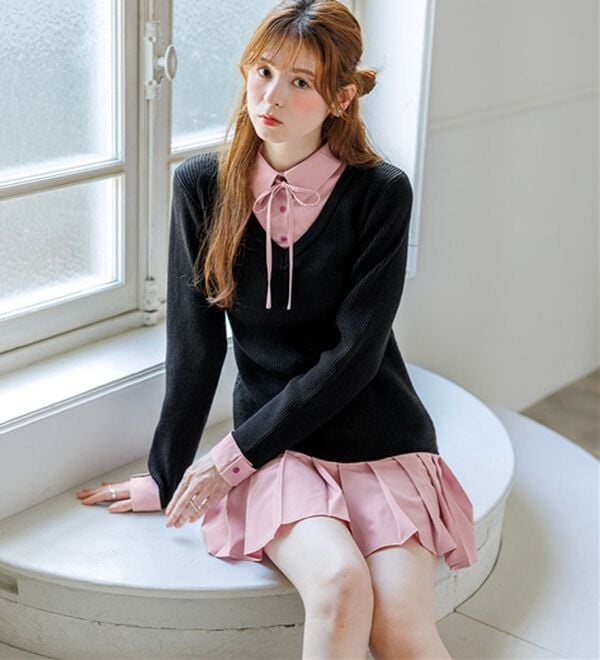 alotta（アロッタ）の「【Corie】シャツドッキングプリーツワンピース（ドッキングワンピース）」｜詳細画像