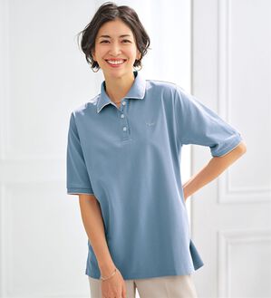 BELLUNA（ベルーナ）の「多機能付配色刺しゅうポロシャツ（カットソー）」｜ブルー