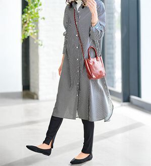 BELLUNA（ベルーナ）の「麻調シャツワンピース＆レギンスセット（アンサンブル）」｜ストライプ