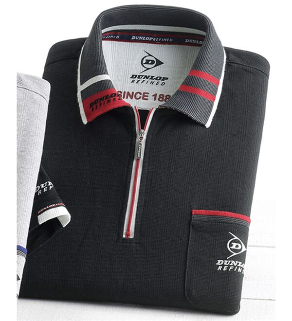 「＜ダンロップ・リファインド＞衿ジャカード７分袖ジップポロ（メンズポロシャツ）」｜ブラック