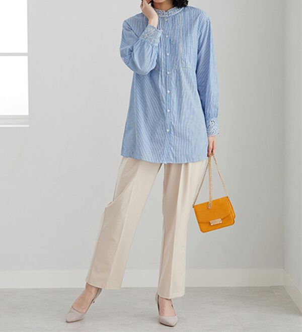 BELLUNA（ベルーナ）の「上品に着映える！衿＆袖レース切替シャツチュニック（チュニック）」｜詳細画像