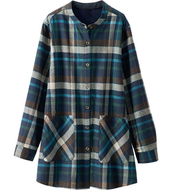 BELLUNA（ベルーナ）の「裏フリース素材バンドカラーチュニック（チュニック）」｜ネイビー／ターコイズ