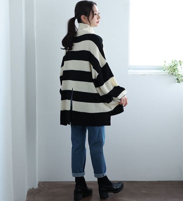 「【ＬＬ～４Ｌ】オフタートルワイドボーダーニットプルオーバー（ニット・セーター）」｜詳細画像
