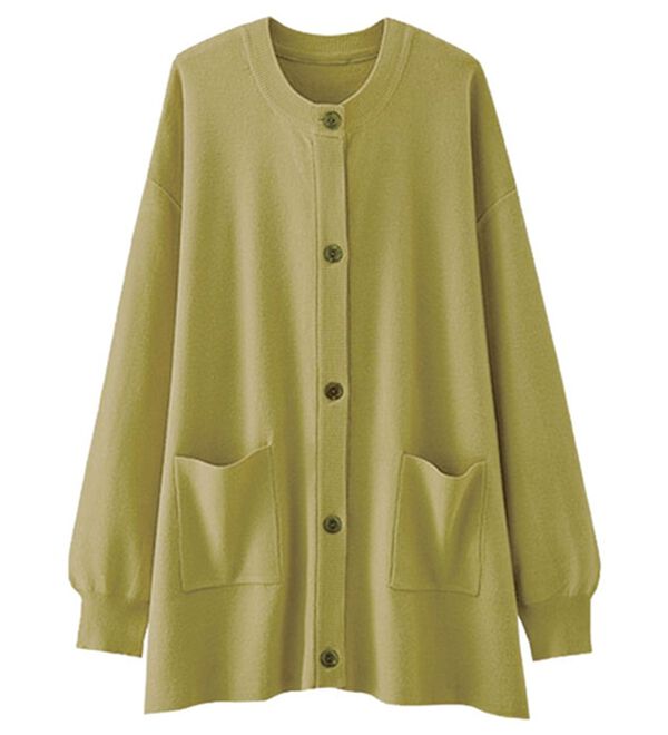 BELLUNA（ベルーナ）の「もっちり素材ノーカラーカーディガン（ニットカーディガン）」｜ライムイエロー