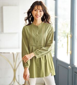 BELLUNA（ベルーナ）の「レース&times;ピンタック使いシャツチュニック（チュニック）」｜イエローグリーン