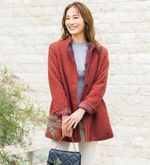 ルフラン（ルフラン）の「軽くて暖か裏チェックコート（ロングコート）」｜オレンジ系