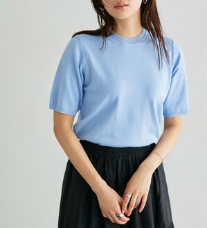 Pierrot（ピエロ）の「【洗濯機で洗える】【ＵＶカット】シルクタッチ半袖ニット（ニット・セーター）」｜ライトブルー