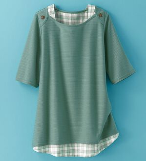 BELLUNA（ベルーナ）の「ひんやり冷感！タックジャカード素材重ね着風プルオーバー（カットソー）」｜詳細画像