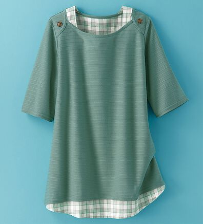 BELLUNA（ベルーナ）の「ひんやり冷感！タックジャカード素材重ね着風プルオーバー（カットソー）」