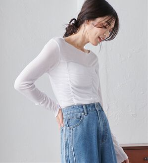 RANAN（ラナン）の「ギャザーデザインシアーTシャツ（Tシャツ）」｜ホワイト