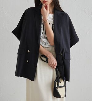 RANAN（ラナン）の「【新色追加】麻調ダブルボタンハーフスリーブジャケット（テーラードジャケット）」｜ネイビー