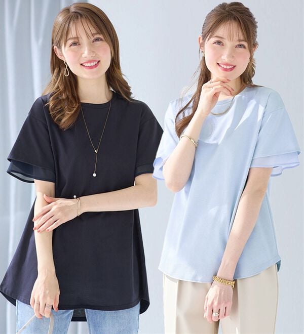 alotta（アロッタ）の「＜丈が選べる＞袖口シフォントップス／チュニック（カットソー）」｜詳細画像