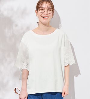 Viola e Viola（ヴィオラ エ ヴィオラ）の「綿１００％ 袖レース切替Ｔシャツ（Tシャツ）」｜オフホワイト