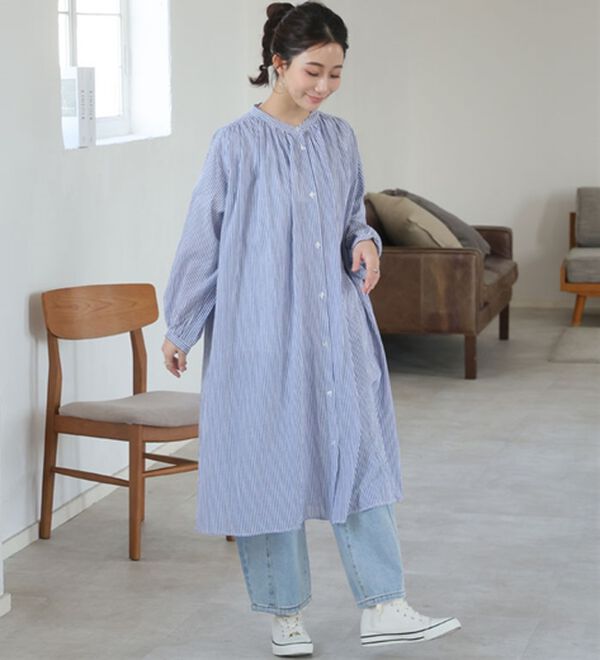 A HAPPY MARILYN（アハッピーマリリン）の「【Ｌ～６Ｌ】【風通るプレミアム】袖丈（七分・長袖）が選べる　綿１００％　楊柳　シャツチュニック（チュニック）」｜詳細画像