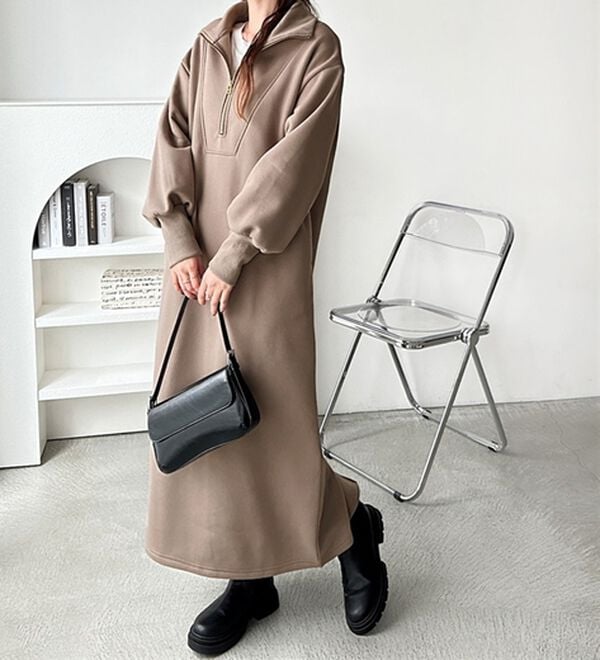 GeeRA（ジーラ）の「ハーフジップハイネック裏起毛ワンピース（カットソーワンピース）」｜詳細画像