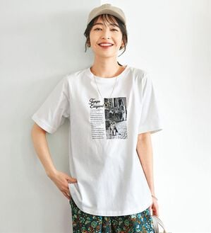 BELLUNA（ベルーナ）の「綿１００％着映えネコ柄プリントＴシャツ（Tシャツ）」｜オフ白