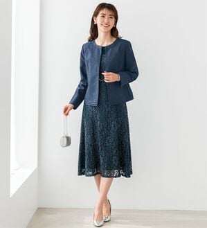 BELLUNA（ベルーナ）の「シャンタン素材ノーカラージャケットレースワンピースアンサンブル（ワンピースセットスーツ）」｜ネイビー