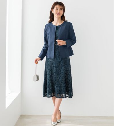 BELLUNA（ベルーナ）の「シャンタン素材ノーカラージャケットレースワンピースアンサンブル（ワンピースセットスーツ）」