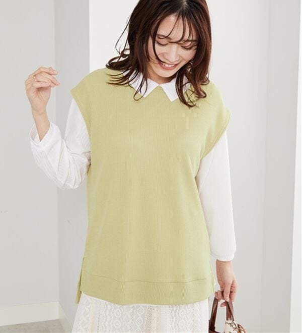 BELLUNA（ベルーナ）の「【新色追加】&ldquo;2点セット&rdquo;あぜ素材ベストアンサンブル（アンサンブル）」｜イエロー